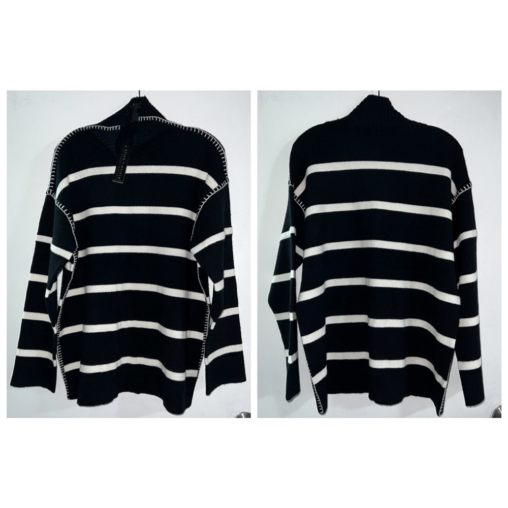 Alice + Olivia Bobbie Black White Striped Wool and Cashmere Blend Tunic Sweater - Picture 9 of 17